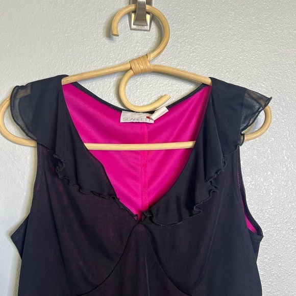 Vintage Scarlett Black Sheer Overlay Hot Pink Ruffle Collar Hem Mini Shirt Dress - Picture 9 of 13